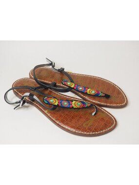 Sam Edelman Gigi Multicolor Floral Geometric Embroidered T-Strap Sandals, Size 7